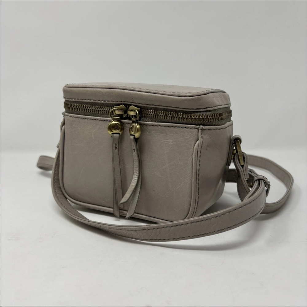 Authentic HOBO Gray Beige Pixie Leather Mini Camera Crossbody Bag